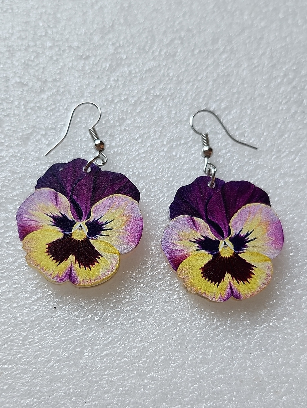 Hand Crafted Purple and Yellow Pansy Flower Drop Earrings